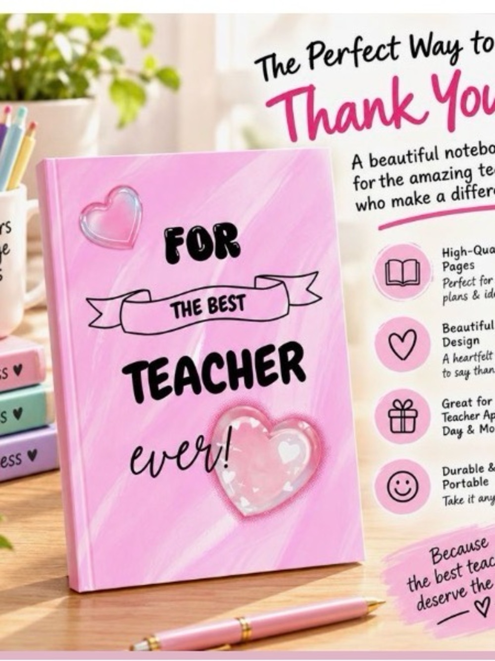 Pink "For The Best Teacher Ever" Paperback Notebook - Teacher Gift